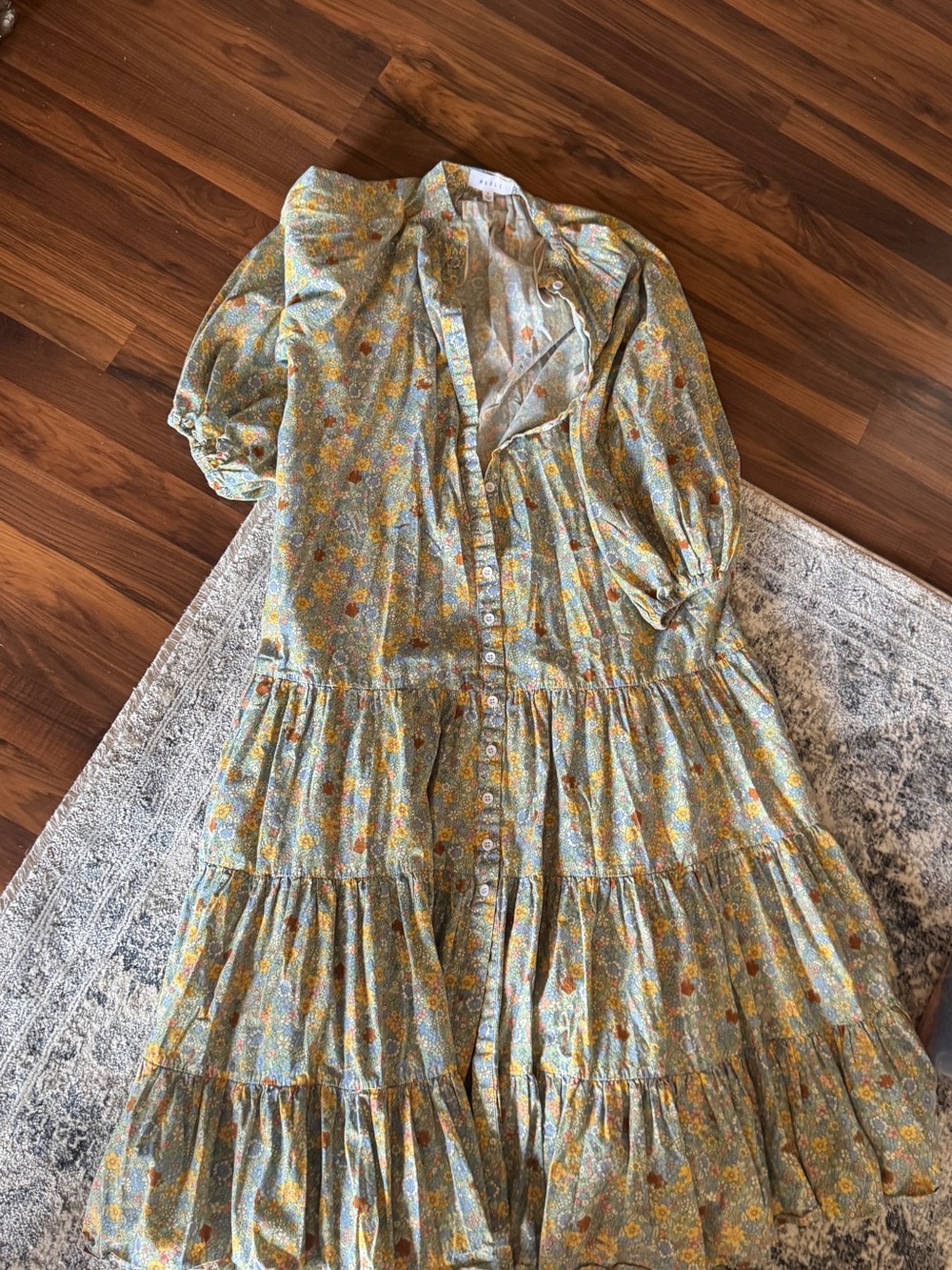 Woman’s Floral Tiered Button-Front Dress - Yellow Green
